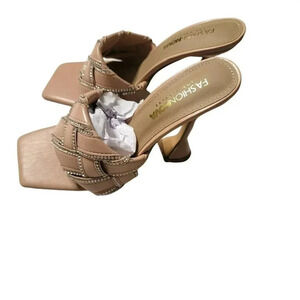 FASHION NOVA SIZE 7 SQUARE TOE Braided Slide Dress Sandals EMBELLISHMENTS Nude